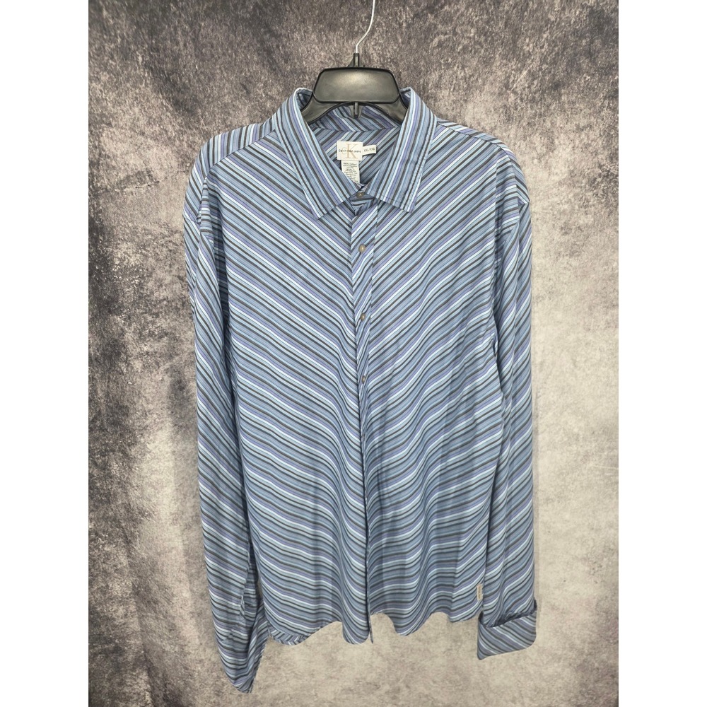 Calvin Klein Shirt Mens 2XL Blue Purple Striped Button Up Long Sleeve Business